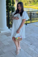 PinkBlush White Textured Bubble Sleeve Maternity Mini Dress - 