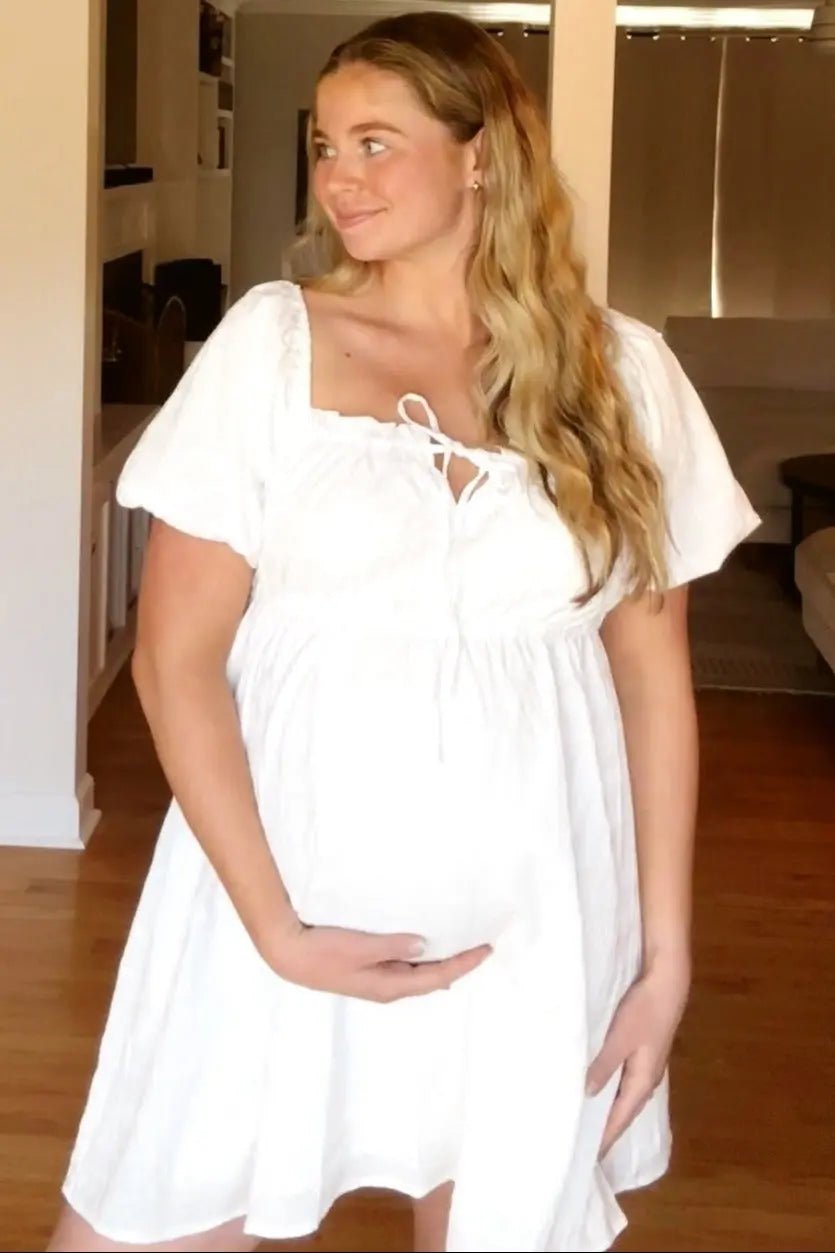 PinkBlush White Textured Bubble Sleeve Maternity Mini Dress - 