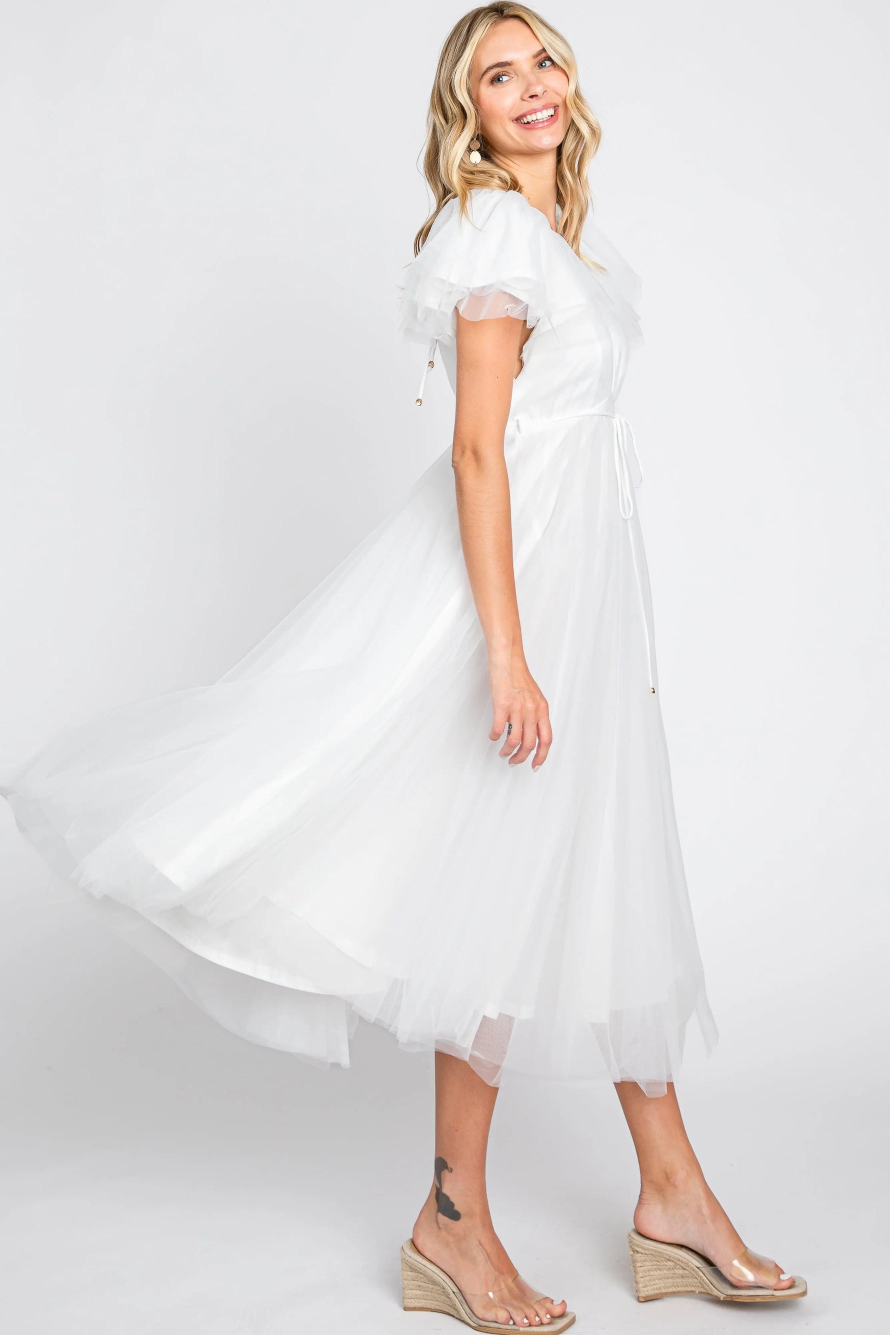 PinkBlush White Tulle V - Neck Flutter Sleeve Midi Dress - 