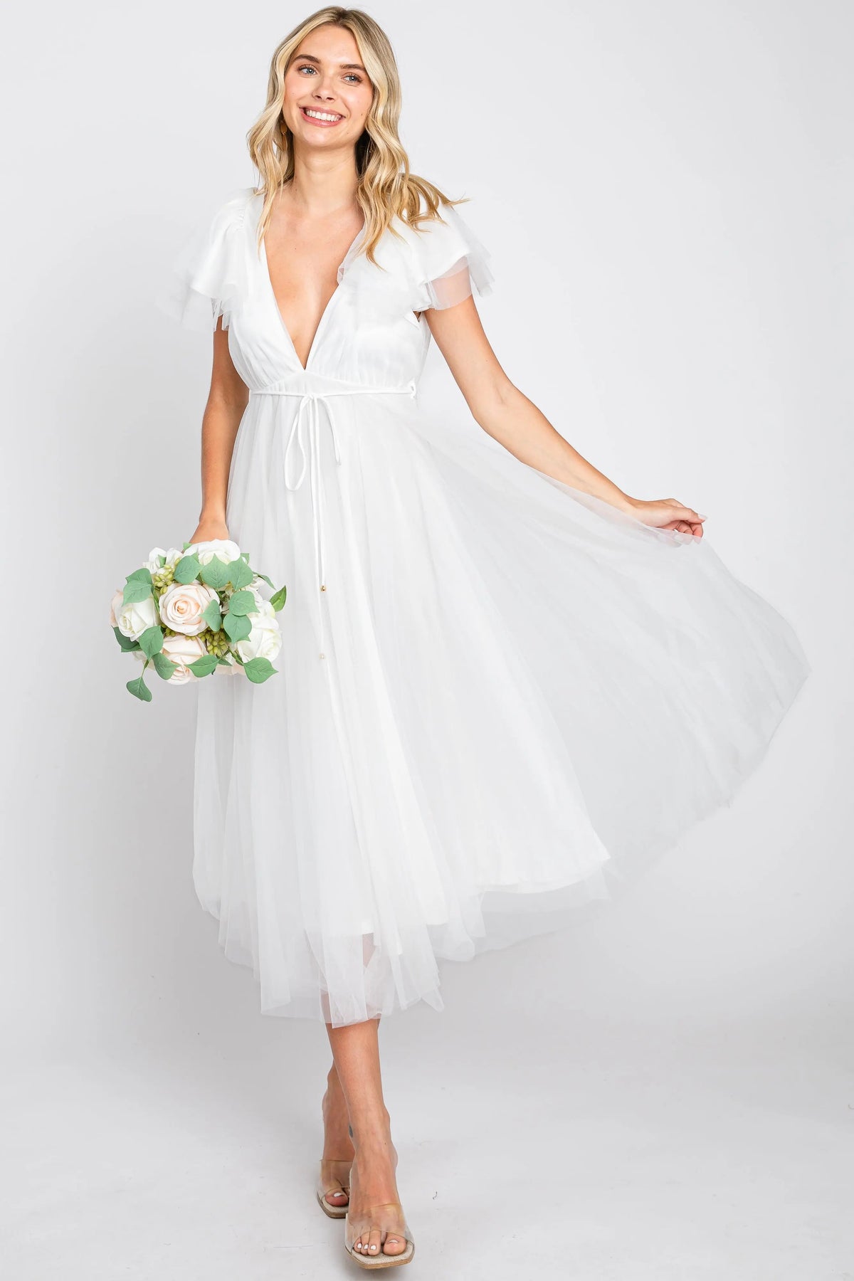 PinkBlush White Tulle V - Neck Flutter Sleeve Midi Dress - 