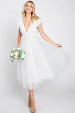 PinkBlush White Tulle V - Neck Flutter Sleeve Midi Dress - 