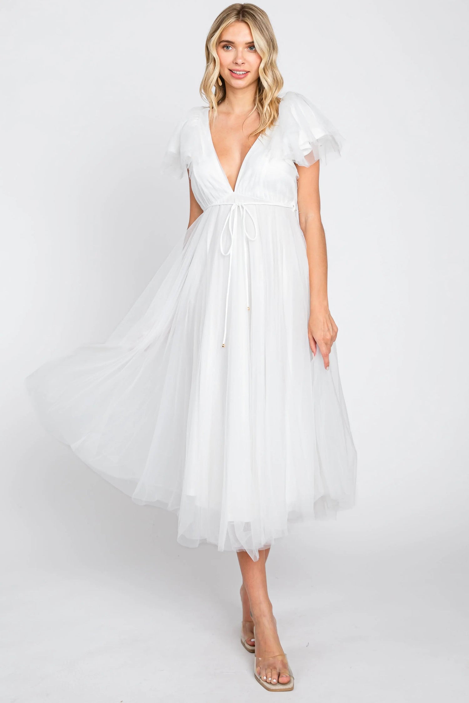 PinkBlush White Tulle V - Neck Flutter Sleeve Midi Dress - 