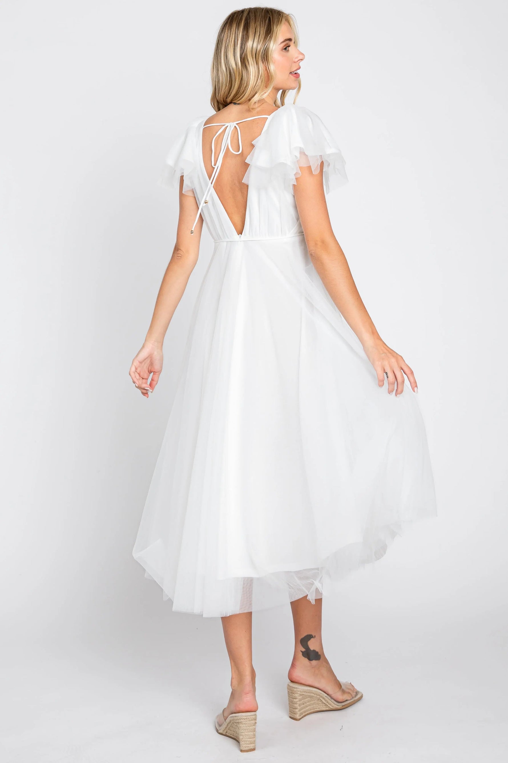 PinkBlush White Tulle V - Neck Flutter Sleeve Midi Dress - 