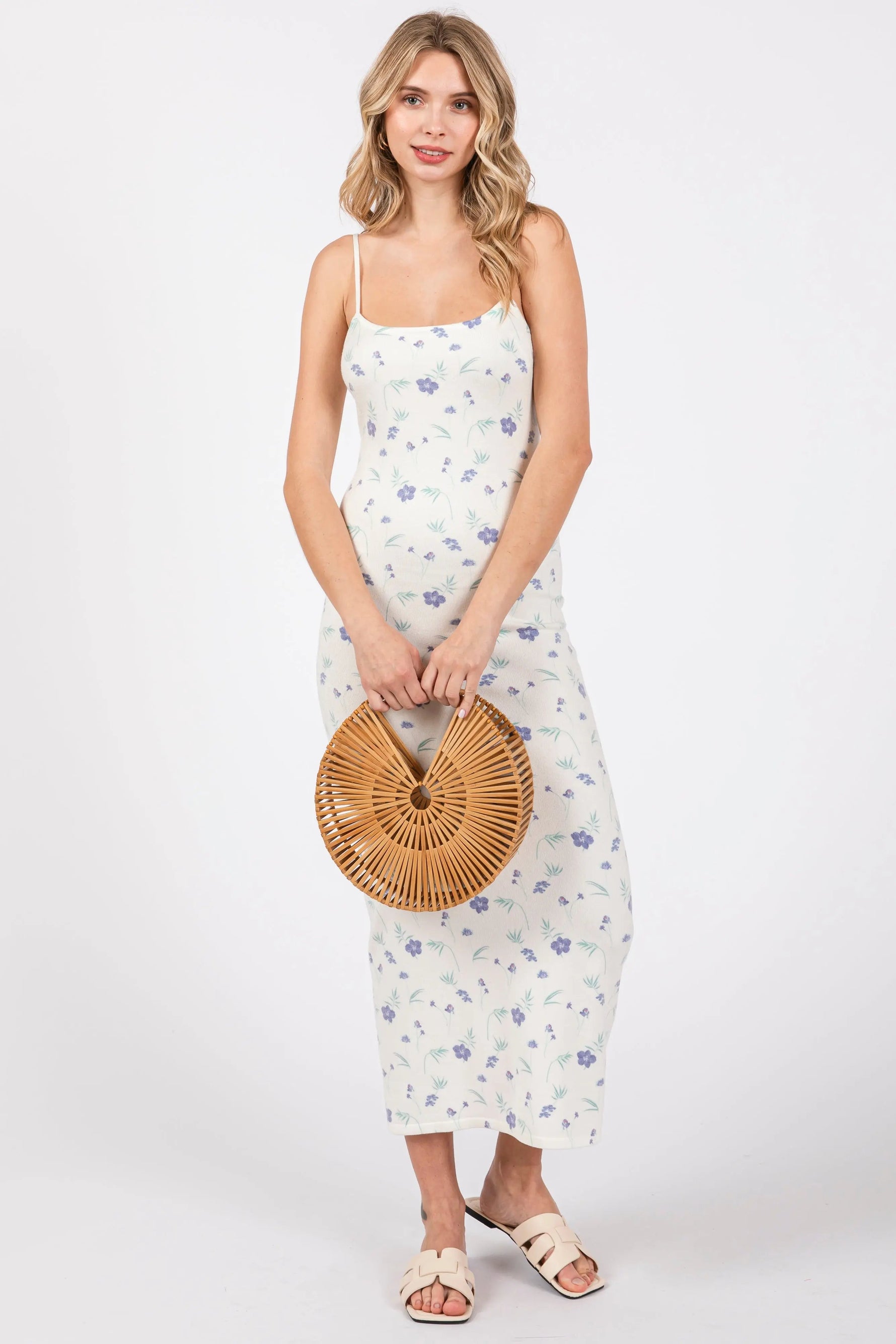 PinkBlush White Ultra Soft Knit Floral Sleeveless Maternity Midi Dress - 