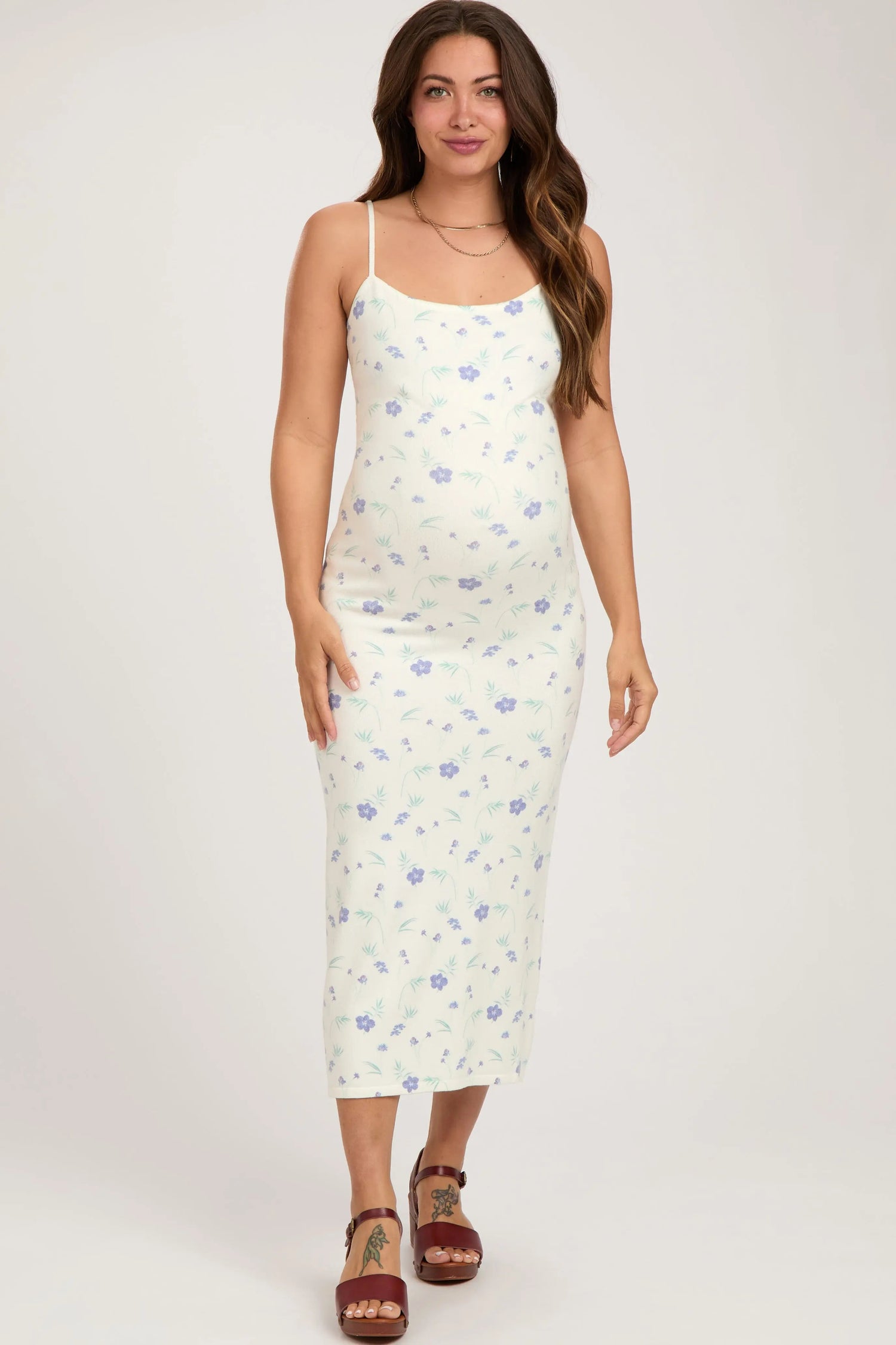 PinkBlush White Ultra Soft Knit Floral Sleeveless Maternity Midi Dress - 