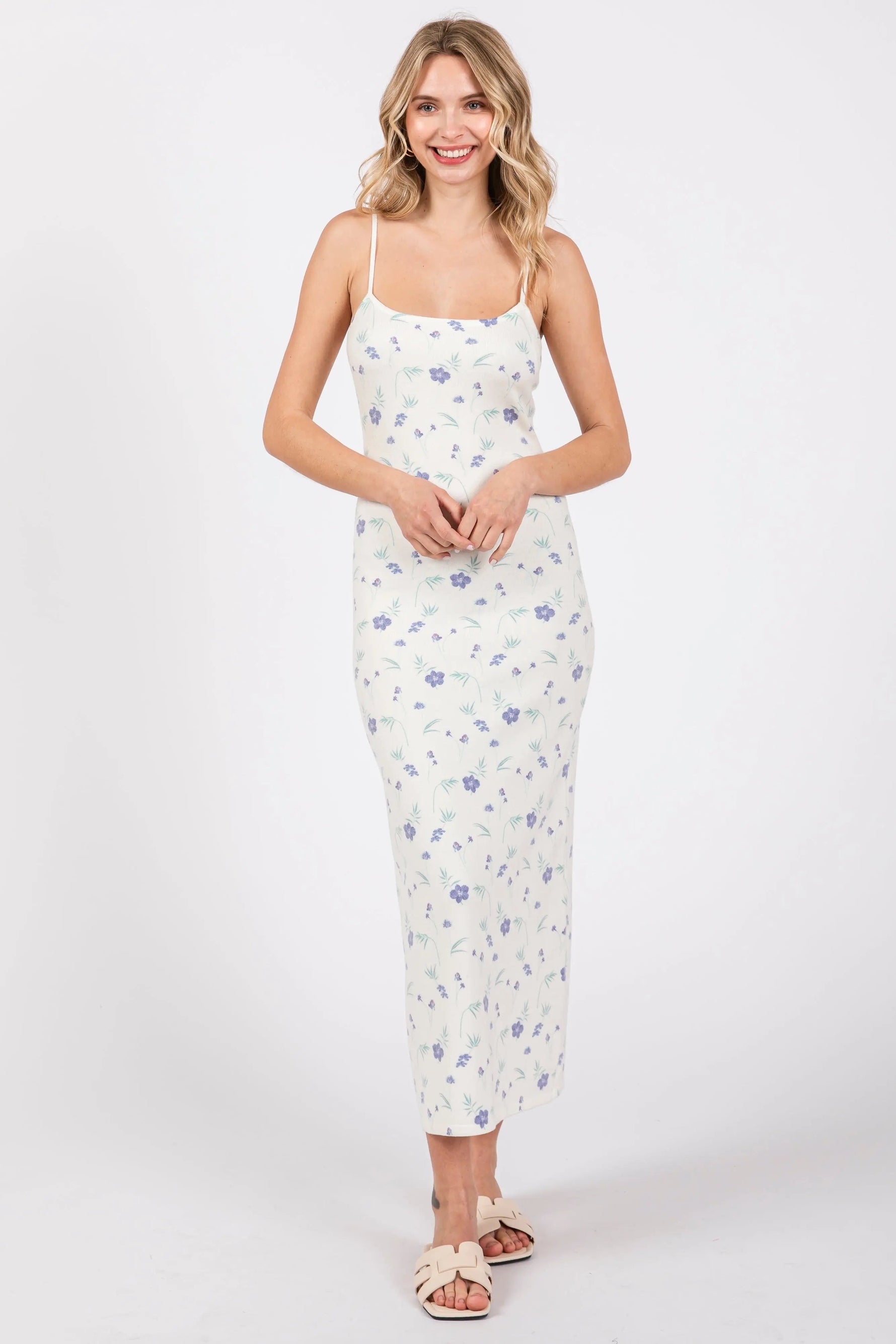 PinkBlush White Ultra Soft Knit Floral Sleeveless Midi Dress - 