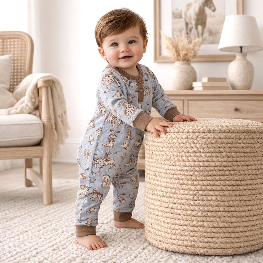 Wild Wrangler/Blue Western Bamboo Henley Cowboy Romper - Sleeve, Baby & Toddler Clothing, Child, Toddler, Infant | Everetts Place