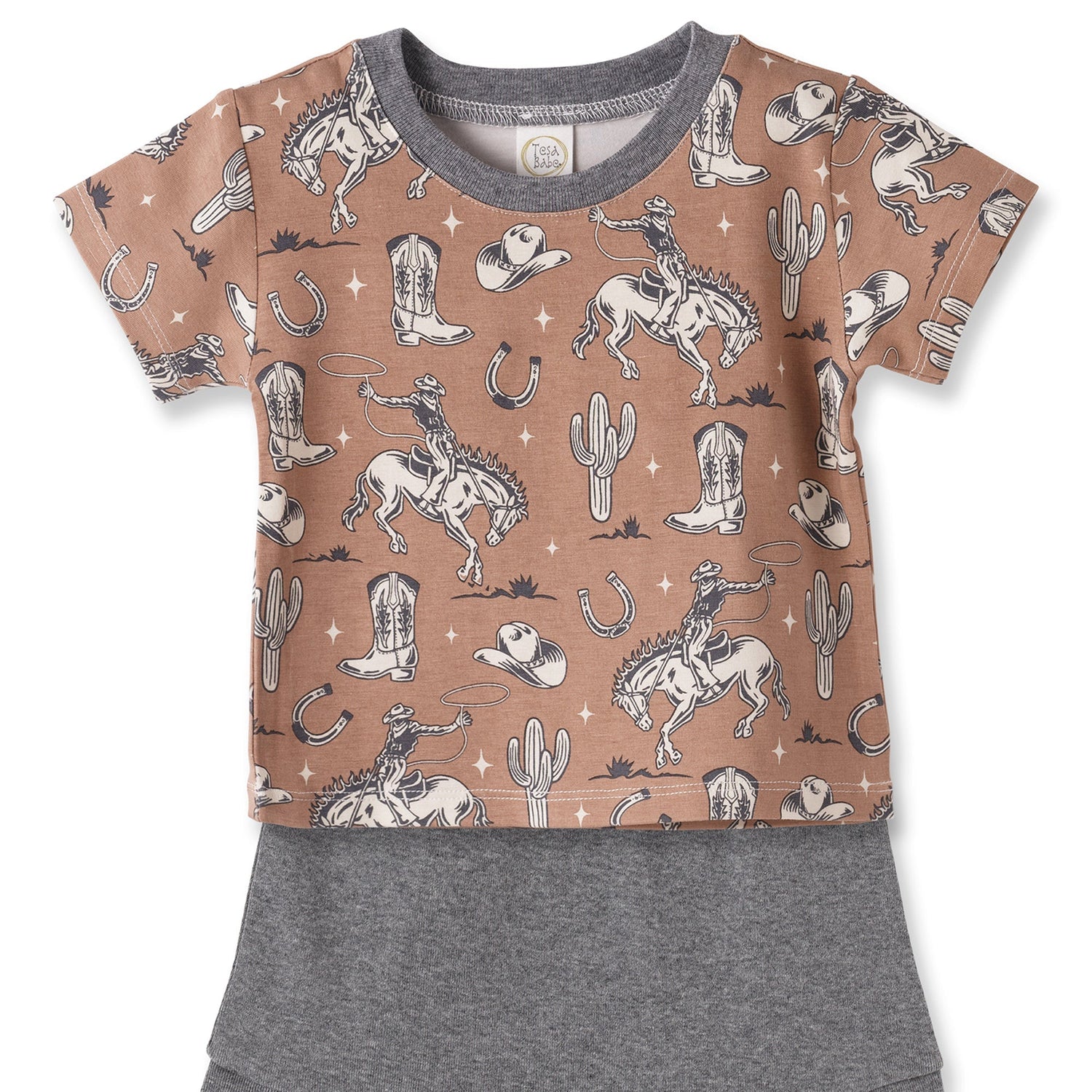 Tesa Babe Wild Wrangler/Brown Western Bamboo Cotton Boys' Short Set - 