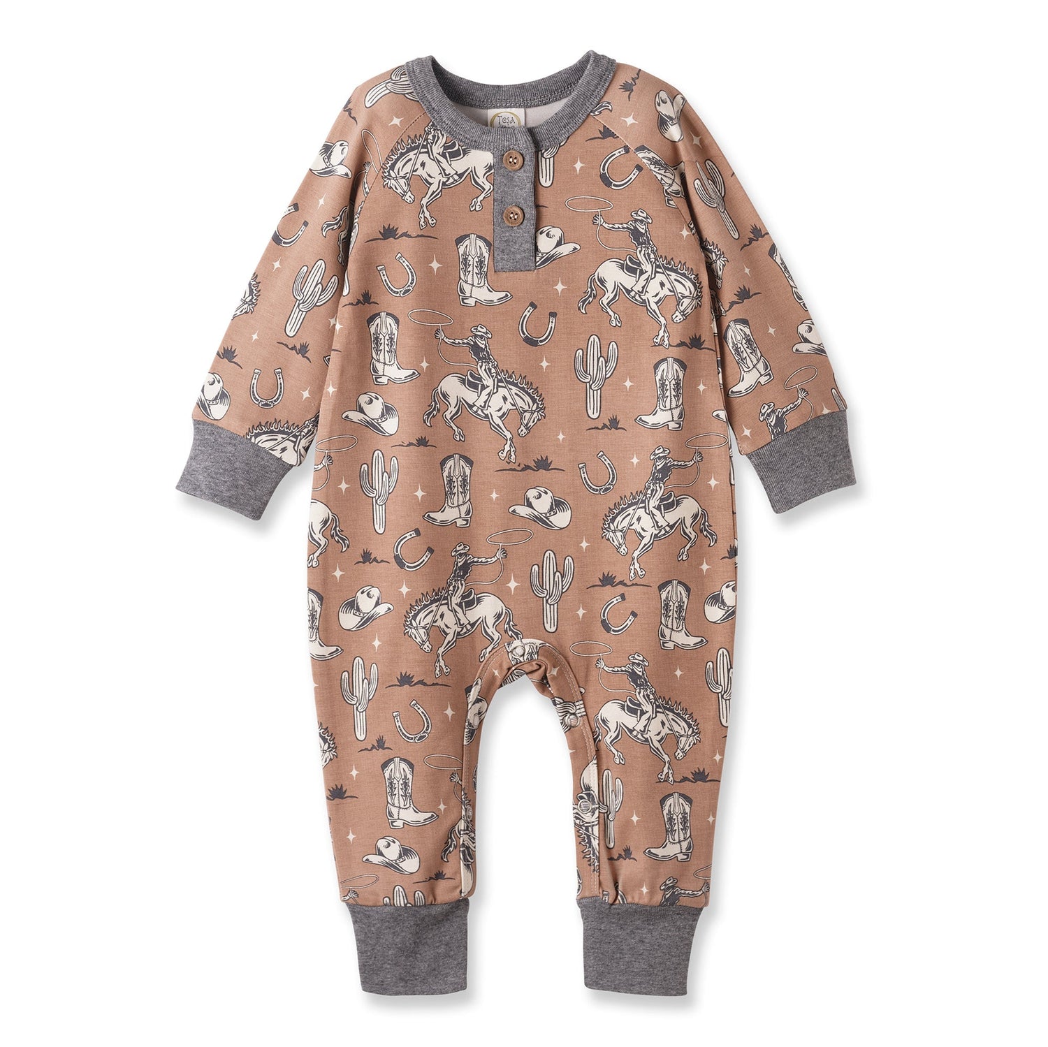 Tesa Babe Wild Wrangler/Brown Western Bamboo Henley Romper for Babies - 
