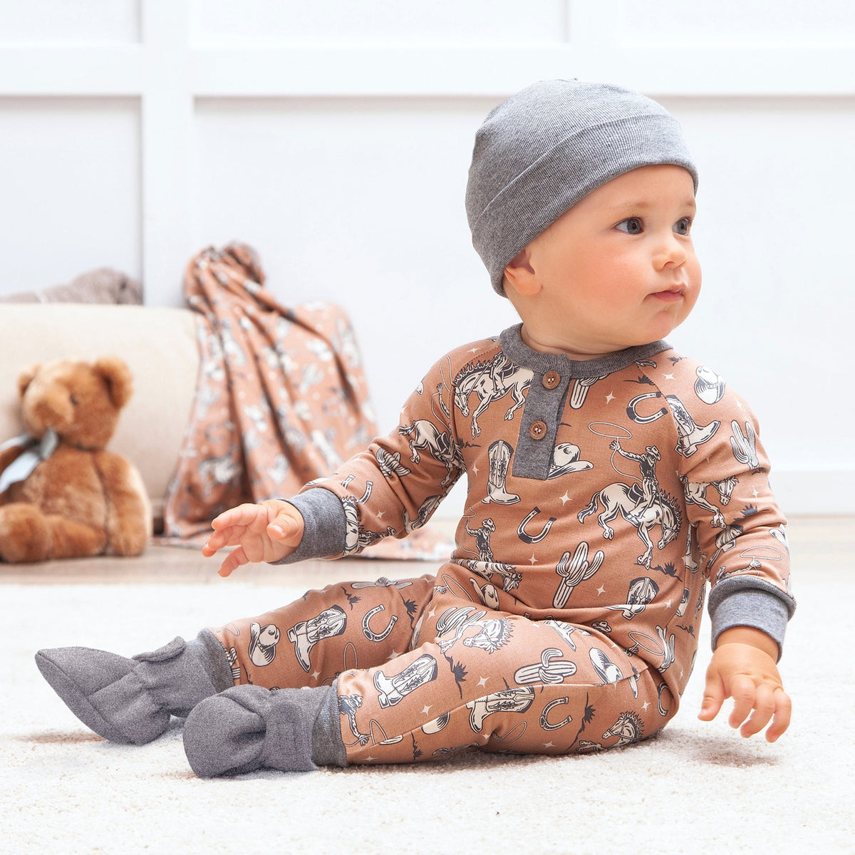 Wild Wrangler/Brown Western Bamboo Henley Romper for Babies - Sleeve, Baby & Toddler Clothing, Child, Nightwear, Pajamas | Everetts Place
