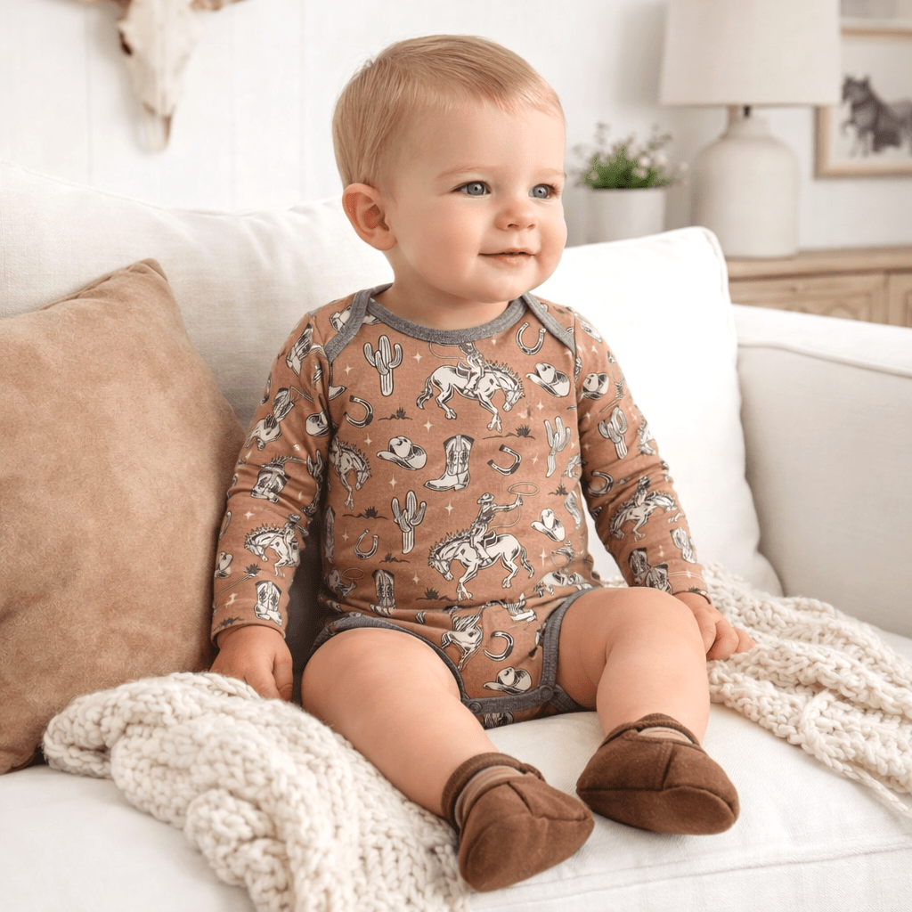 Wild Wrangler/Brown Western Cowboy Bamboo Baby Boy Bodysuit - Sleeve, Baby & Toddler Clothing, Brown, Child, Blond | Everetts Place