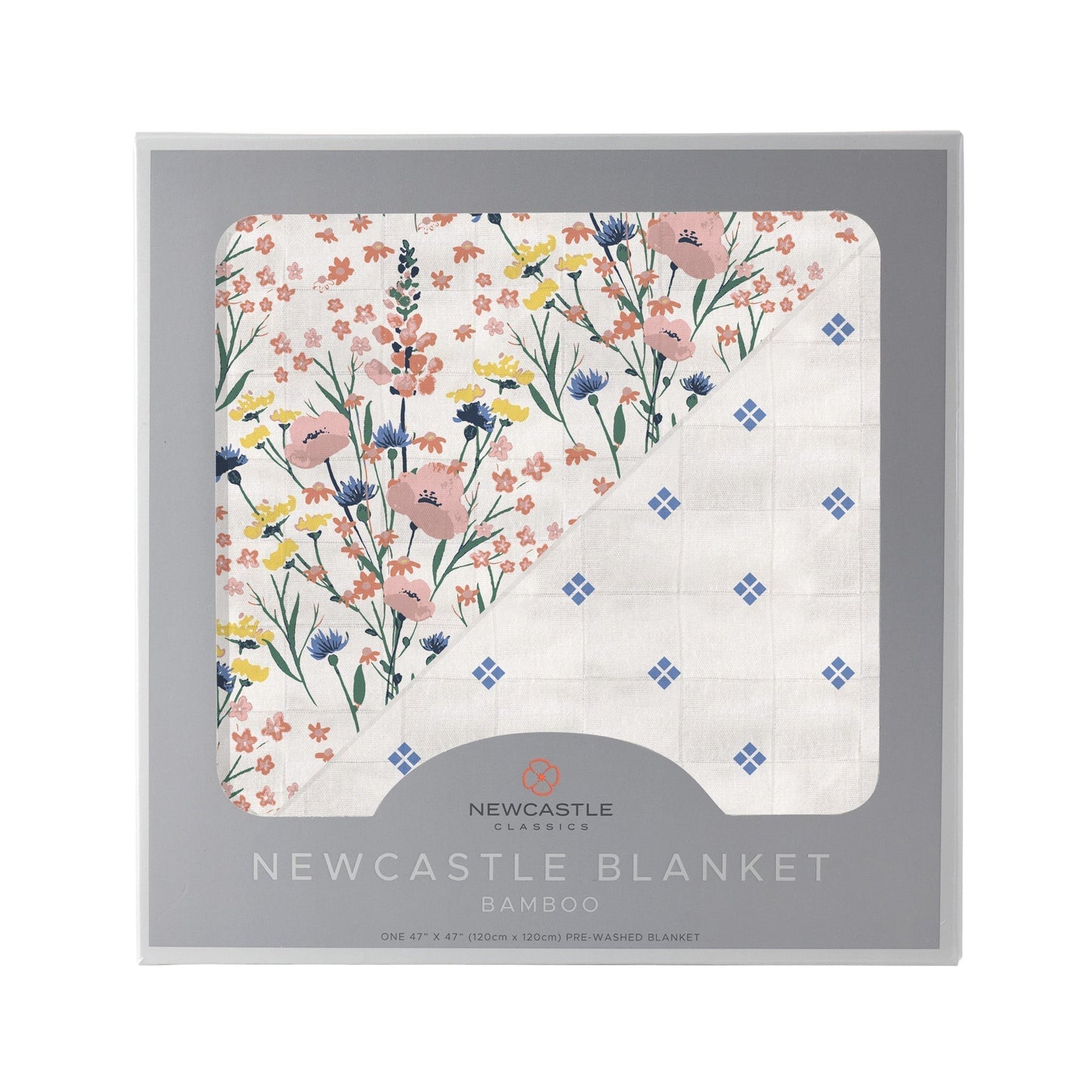 Wildflowers and Periwinkle Diamond Polka Dot Bamboo Newcastle Blanket 100 Percent Natural Muslin 47 Inch x 47 Inch Newcastle Classics