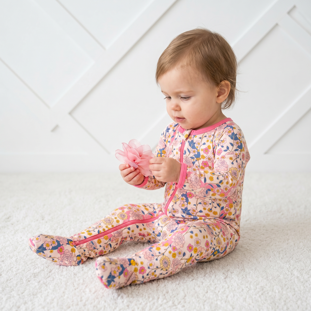 Baby footie pajamas in the Willow print with a full-length two-way zipper and covered feet