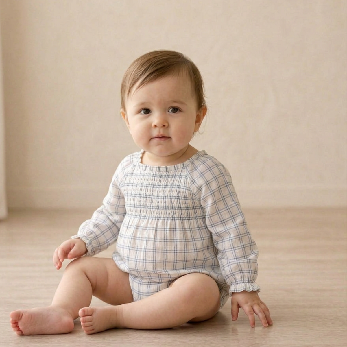 Organic Smocked Long Sleeve Romper - Window Plaids by Makemake Organics