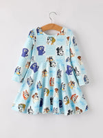 Rylee Faith Designs Winter Christmas Character Print Blue Girls Dress - Everetts Place Boutique - 