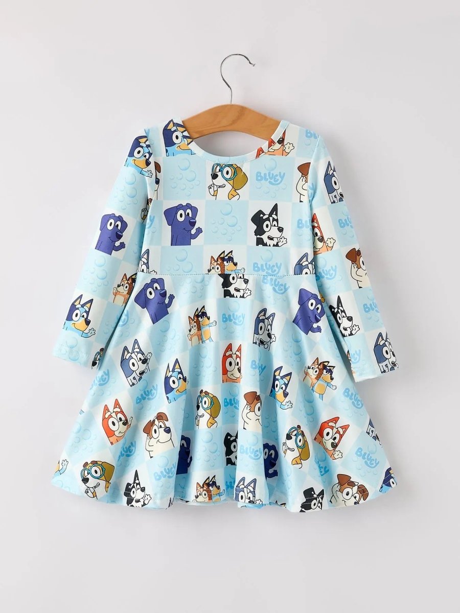 Rylee Faith Designs Winter Christmas Character Print Blue Girls Dress - Everetts Place Boutique - 