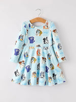 Rylee Faith Designs Winter Christmas Character Print Blue Girls Dress - Everetts Place Boutique - 