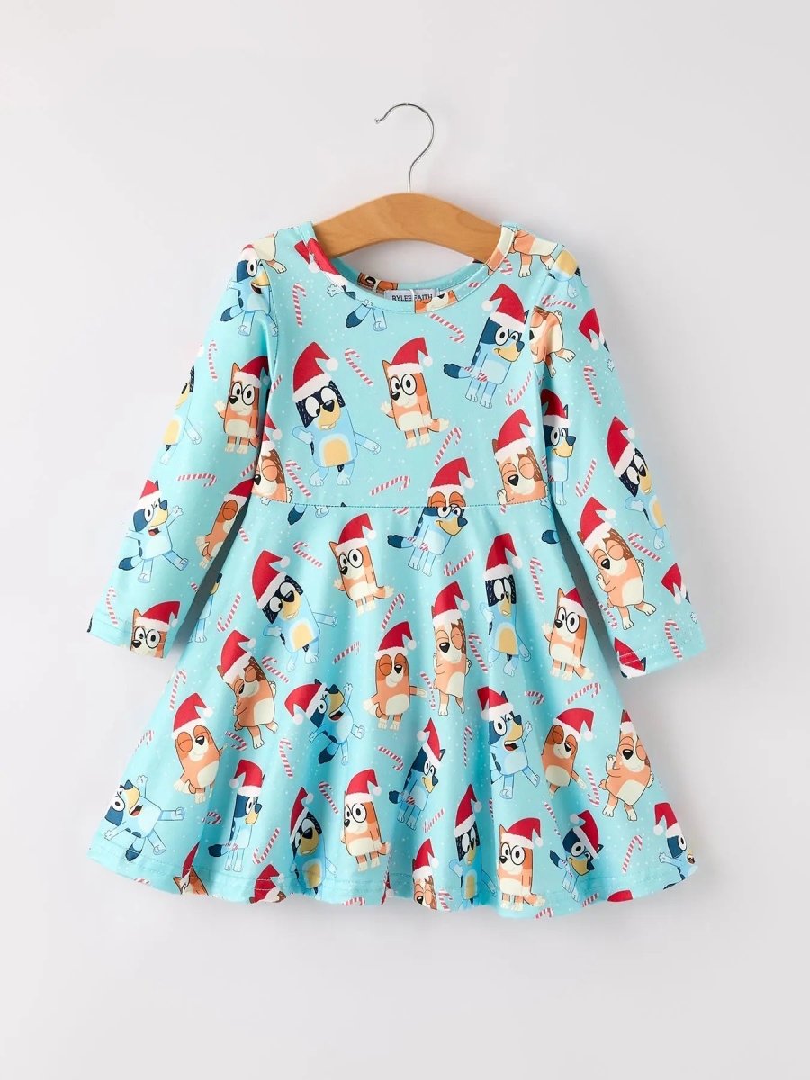 Rylee Faith Designs Winter Christmas Character Print Blue Girls Long Sleeve Dress - Everetts Place Boutique - 