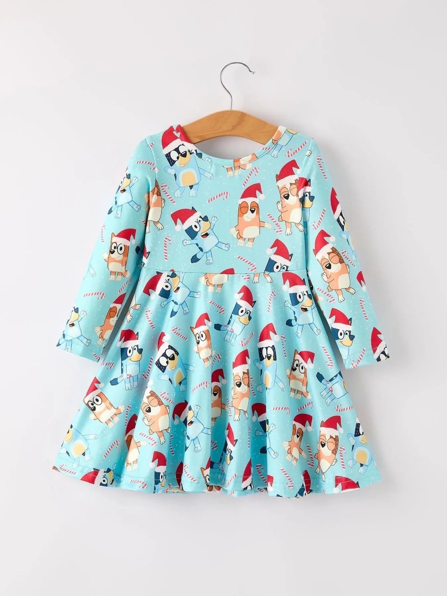 Rylee Faith Designs Winter Christmas Character Print Blue Girls Long Sleeve Dress - Everetts Place Boutique - 