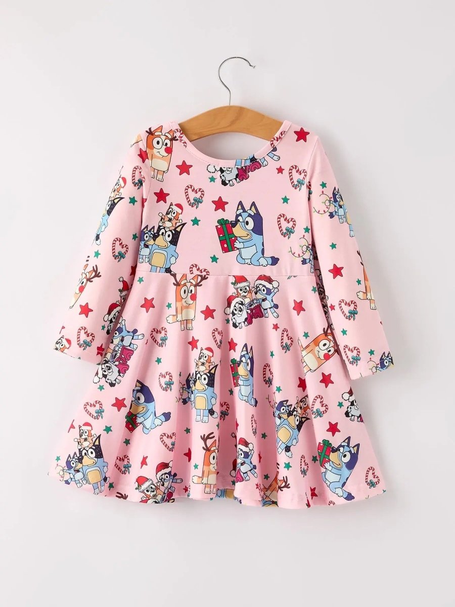 Rylee Faith Designs Winter Christmas Character Print Pink Girls Dress - Everetts Place Boutique - 