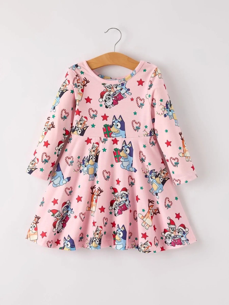 Rylee Faith Designs Winter Christmas Character Print Pink Girls Dress - Everetts Place Boutique - 
