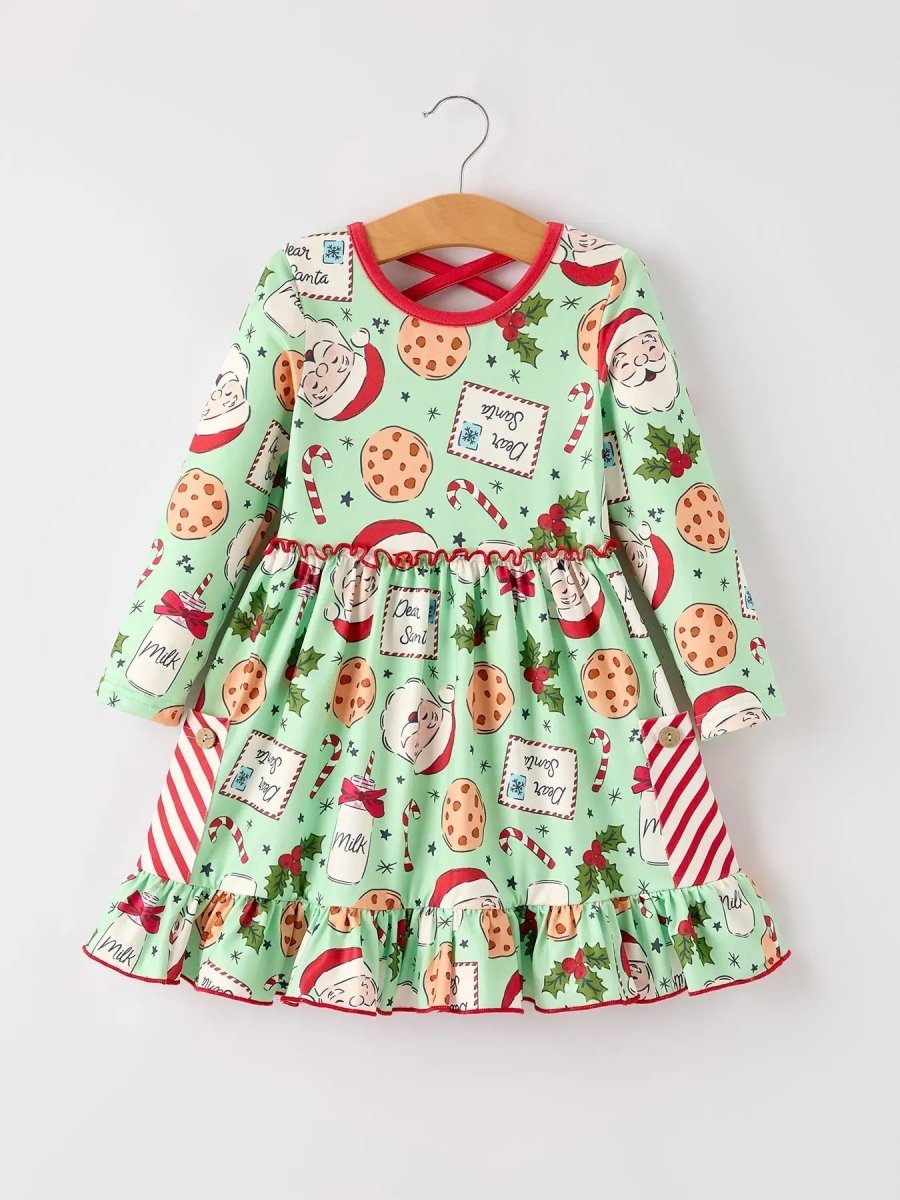 Rylee Faith Designs Winter Christmas Green Santa Girls Pocket Ruffle Dress - Everetts Place Boutique - 