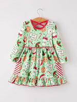 Rylee Faith Designs Winter Christmas Green Santa Girls Pocket Ruffle Dress - Everetts Place Boutique - 
