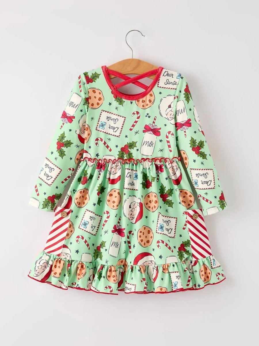 Rylee Faith Designs Winter Christmas Green Santa Girls Pocket Ruffle Dress - Everetts Place Boutique - 
