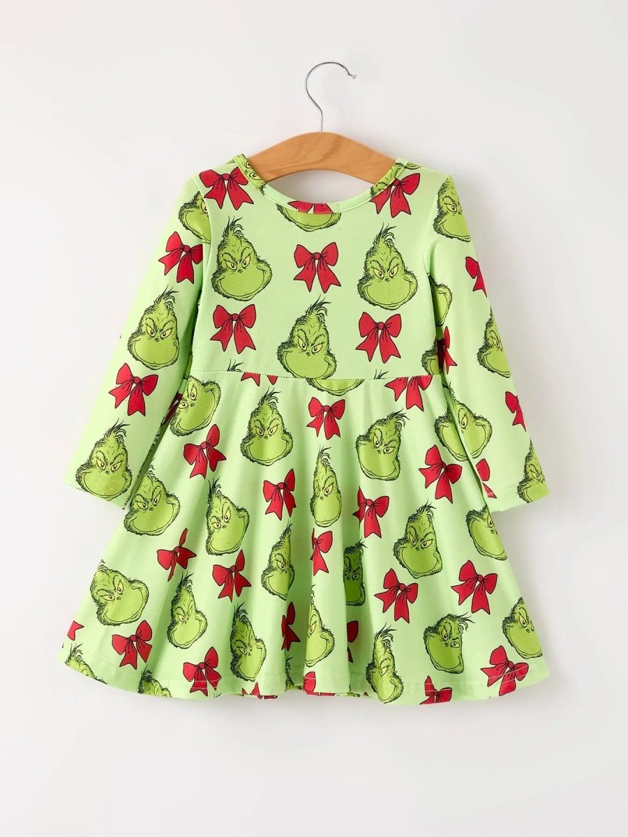 Rylee Faith Designs Winter Christmas Tree Bow Character Print Green Girls Dress - Everetts Place Boutique - 