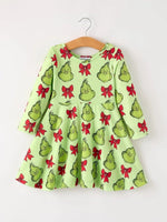 Rylee Faith Designs Winter Christmas Tree Bow Character Print Green Girls Dress - Everetts Place Boutique - 