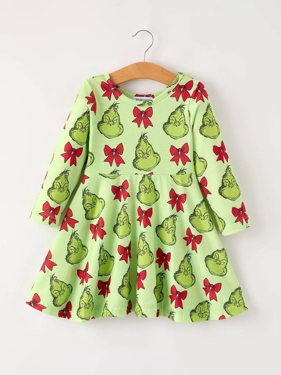 Rylee Faith Designs Winter Christmas Tree Bow Character Print Green Girls Dress - Everetts Place Boutique - 