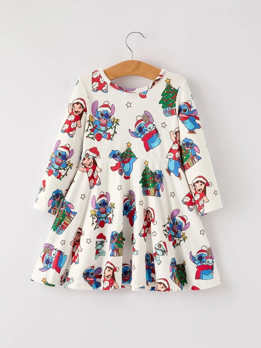Rylee Faith Designs Winter Christmas Tree Character Print Girls Long Sleeve Casual Dress - Everetts Place Boutique - 