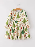 Rylee Faith Designs Winter Christmas Tree Character Print Green Girls Dress - Everetts Place Boutique - 