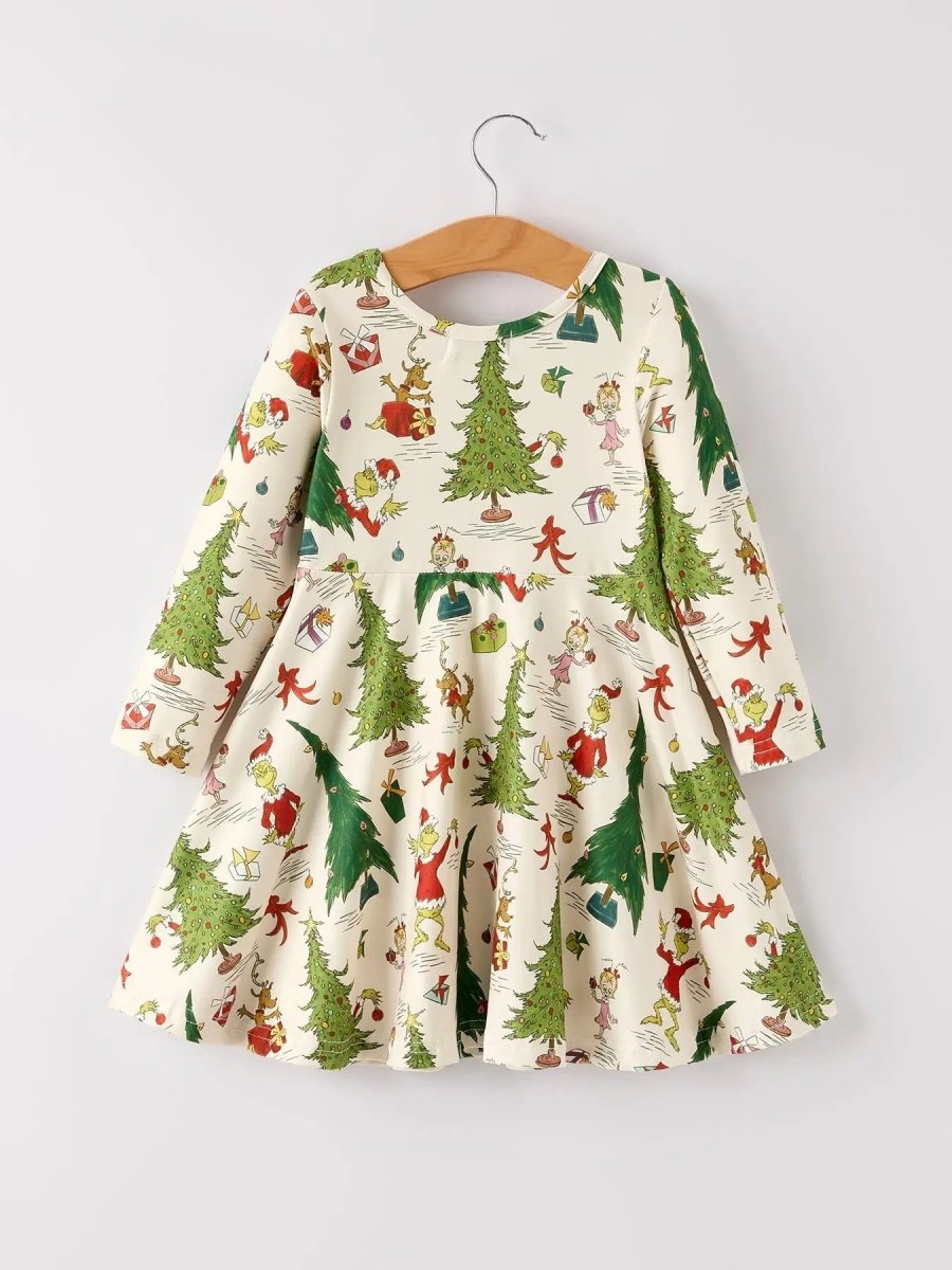 Rylee Faith Designs Winter Christmas Tree Character Print Green Girls Dress - Everetts Place Boutique - 