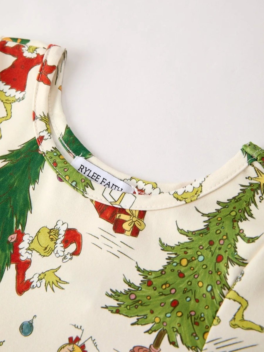 Rylee Faith Designs Winter Christmas Tree Character Print Green Girls Dress - Everetts Place Boutique - 