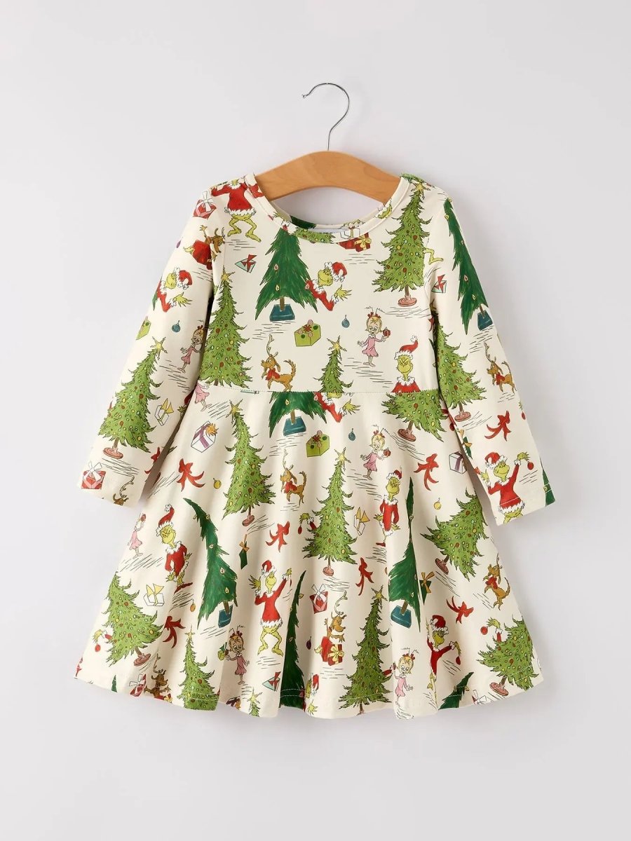Rylee Faith Designs Winter Christmas Tree Character Print Green Girls Dress - Everetts Place Boutique - 
