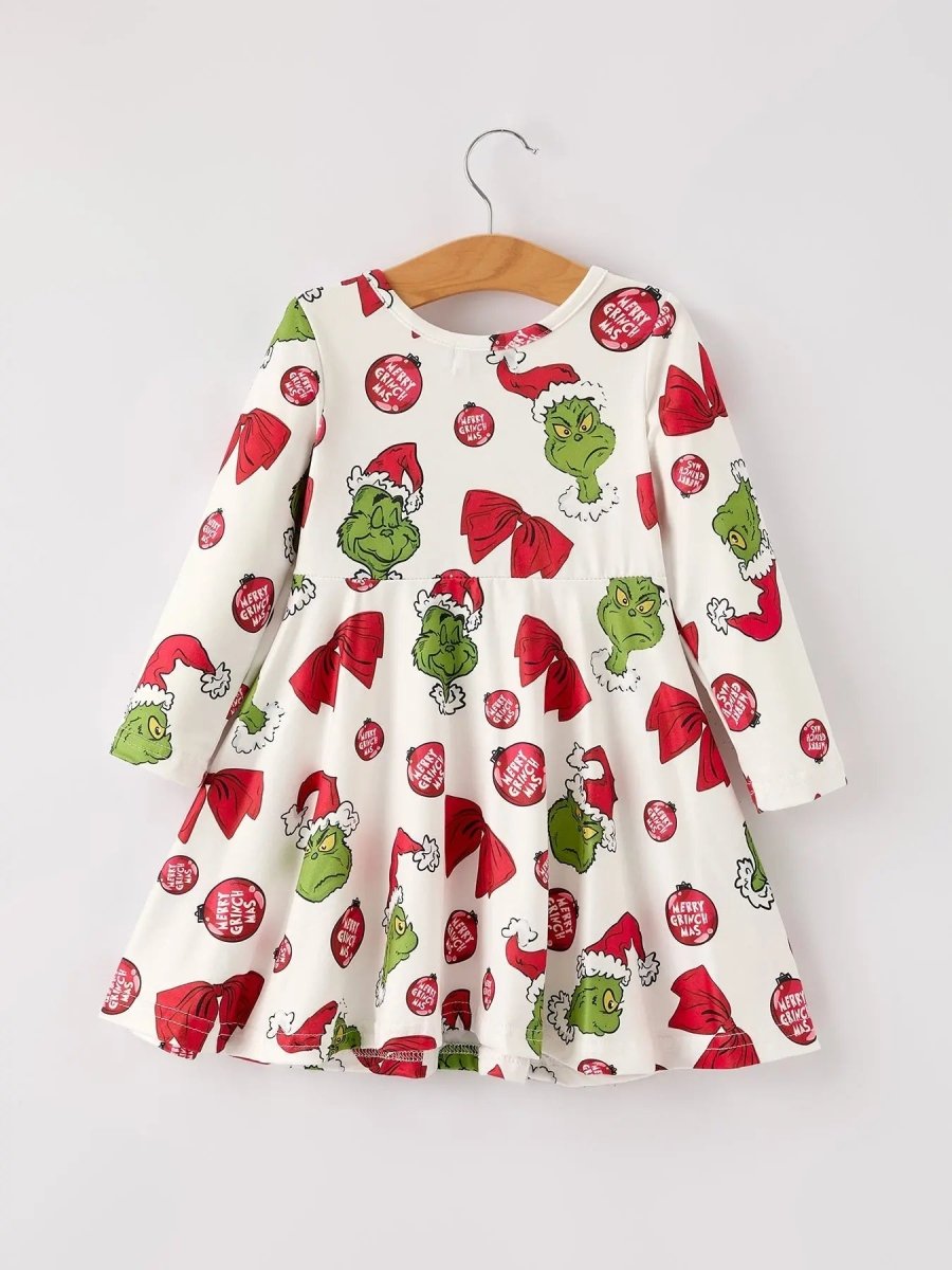 Rylee Faith Designs Winter Dress Christmas Santa Hat Character Print Green - Everetts Place Boutique - 