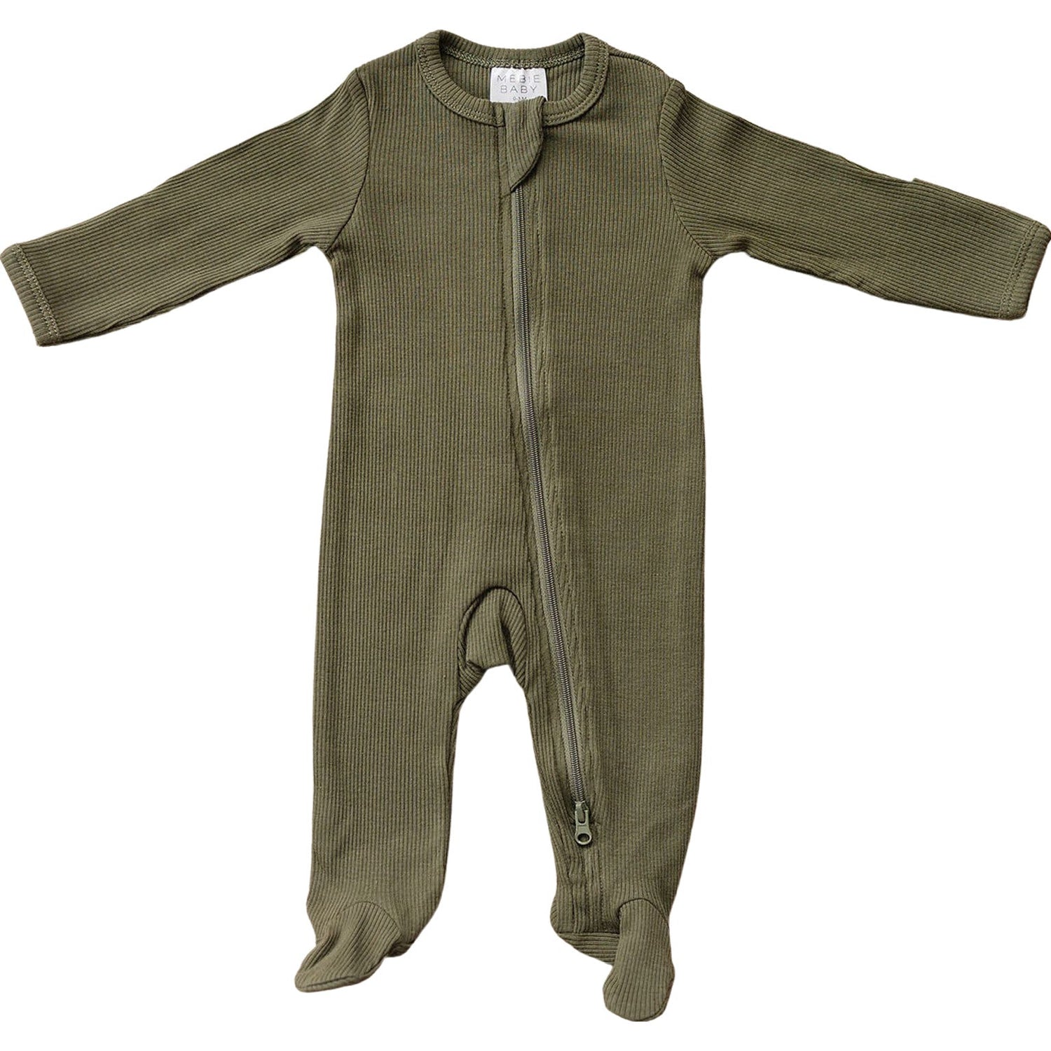 Mebie Baby Winter Green Organic Cotton Ribbed Footed Baby Pajamas With Double Zipper - 