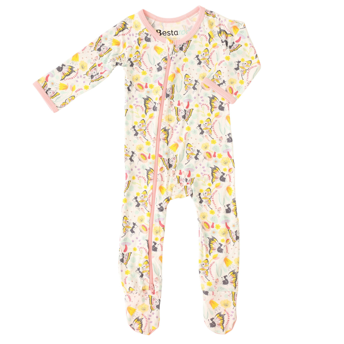 Baby footie pajamas in the Wonderland print with a full-length two-way zipper and covered feet
