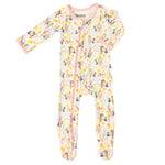 Baby footie pajamas in the Wonderland print with a full-length two-way zipper and covered feet
