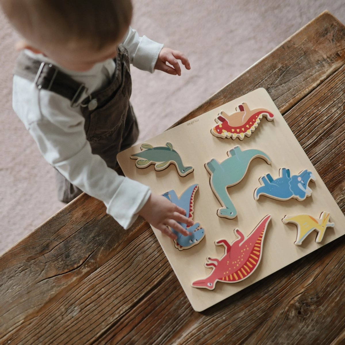 Mushie Wooden Dinosaur Puzzle for Kids Educational Toy with Seven Dino Pieces - 