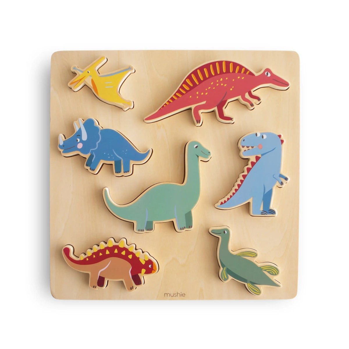 Mushie Wooden Dinosaur Puzzle for Kids Educational Toy with Seven Dino Pieces - 