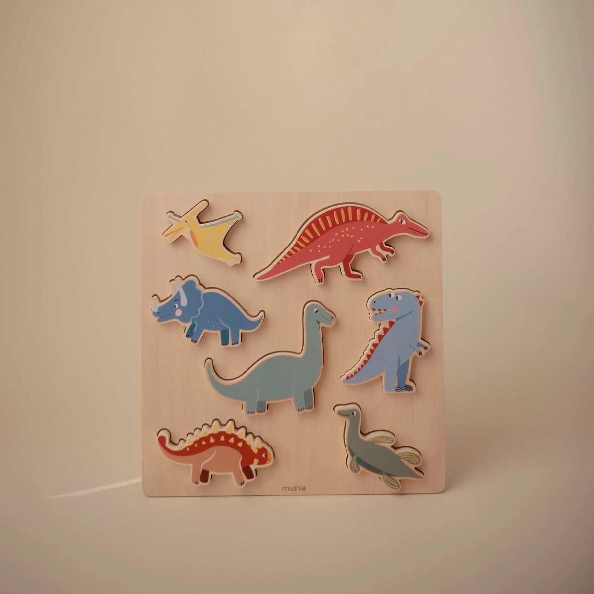 Mushie Wooden Dinosaur Puzzle for Kids Educational Toy with Seven Dino Pieces - 