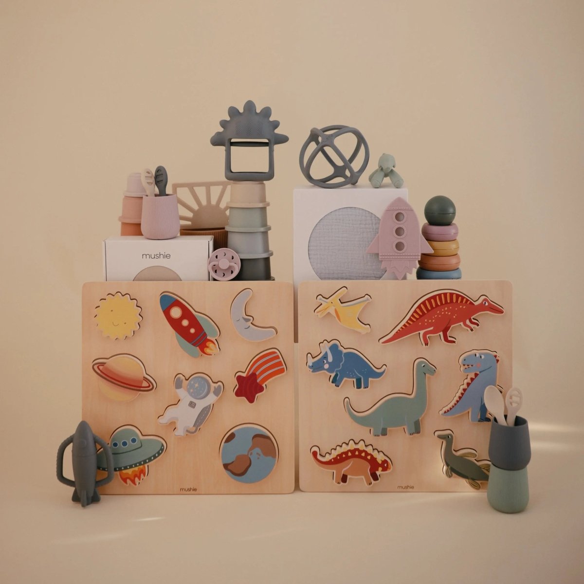 Mushie Wooden Dinosaur Puzzle for Kids Educational Toy with Seven Dino Pieces - 