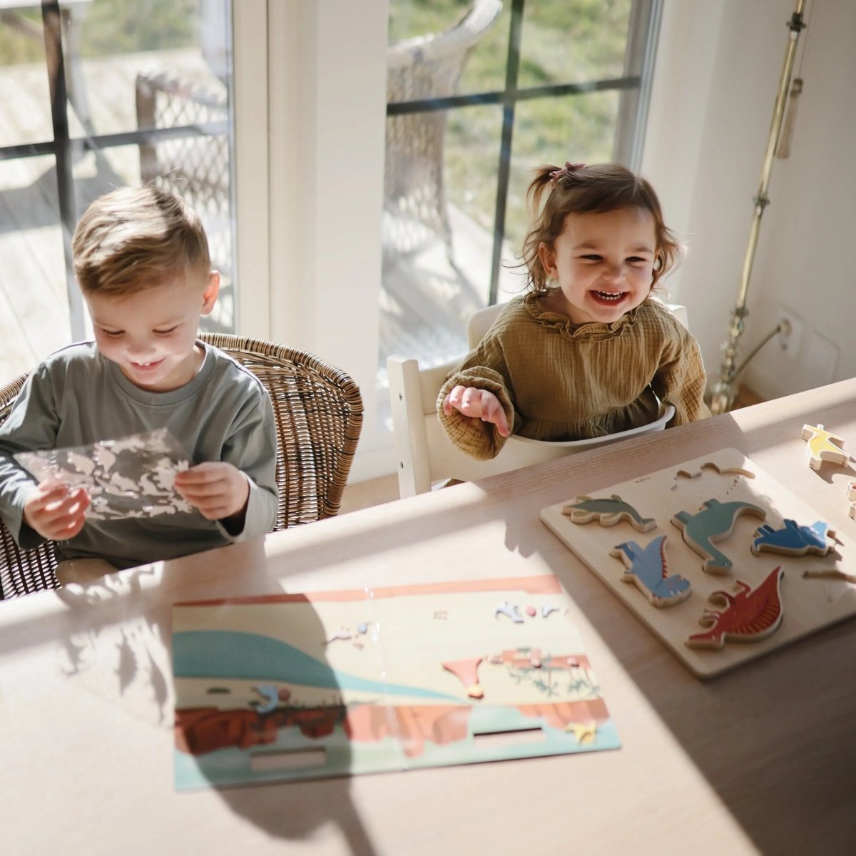 Mushie Wooden Dinosaur Puzzle for Kids Educational Toy with Seven Dino Pieces - 