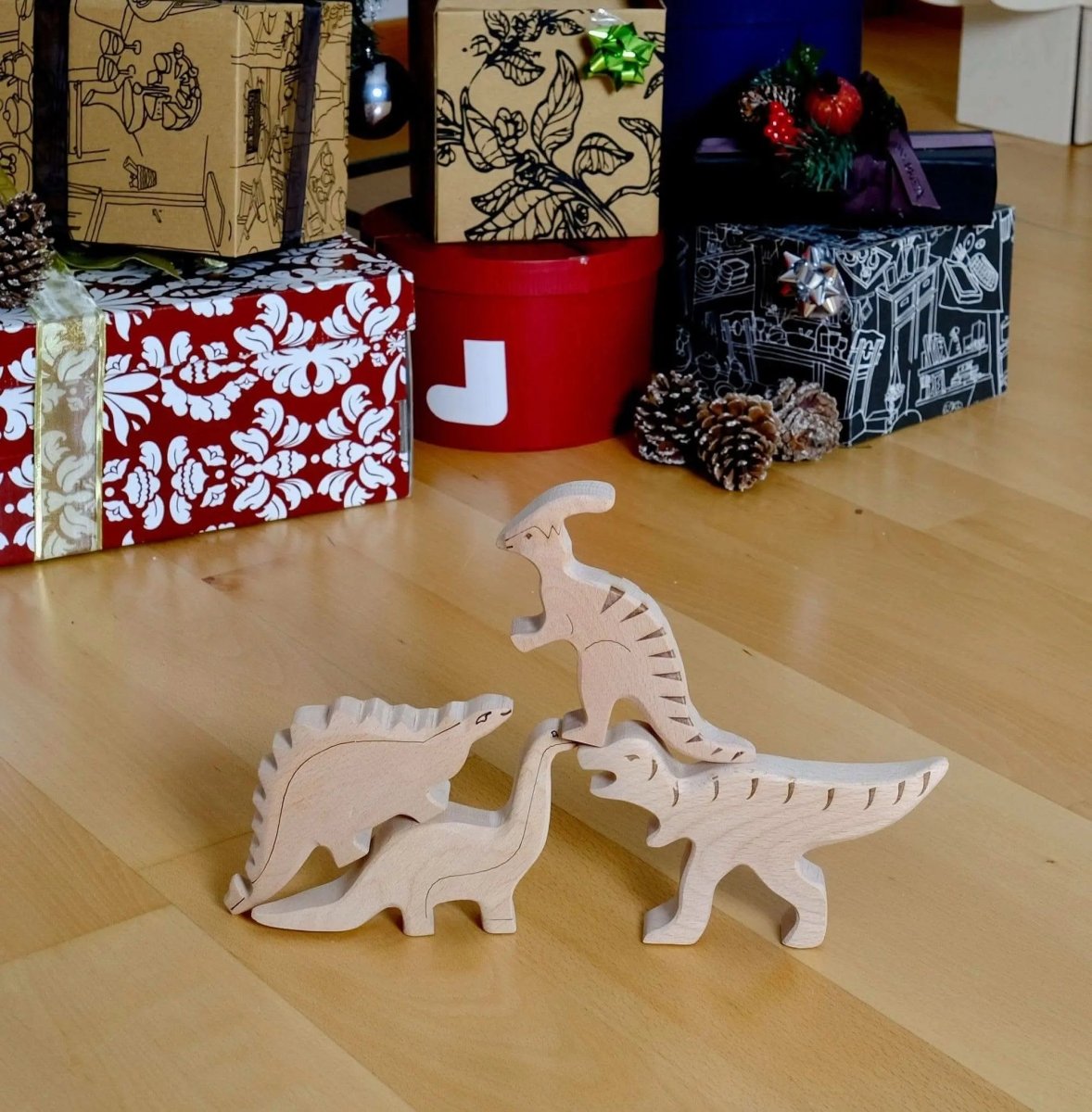Kidodido Wooden Dinosaur Set 4 Piece Handcrafted Natural Wood Toys - Everetts Place Boutique - 