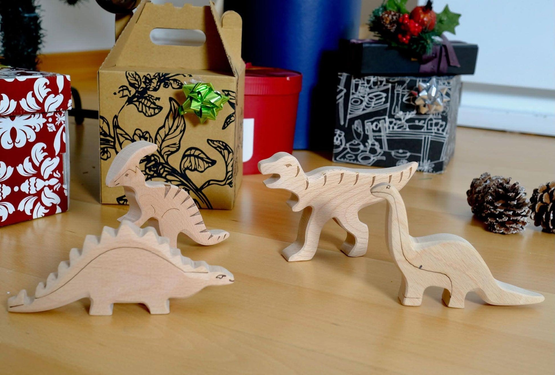 Wooden Dinosaur Set 4 Piece Handcrafted Natural Wood Toys Kidodido Everetts Place: Online Boutique
