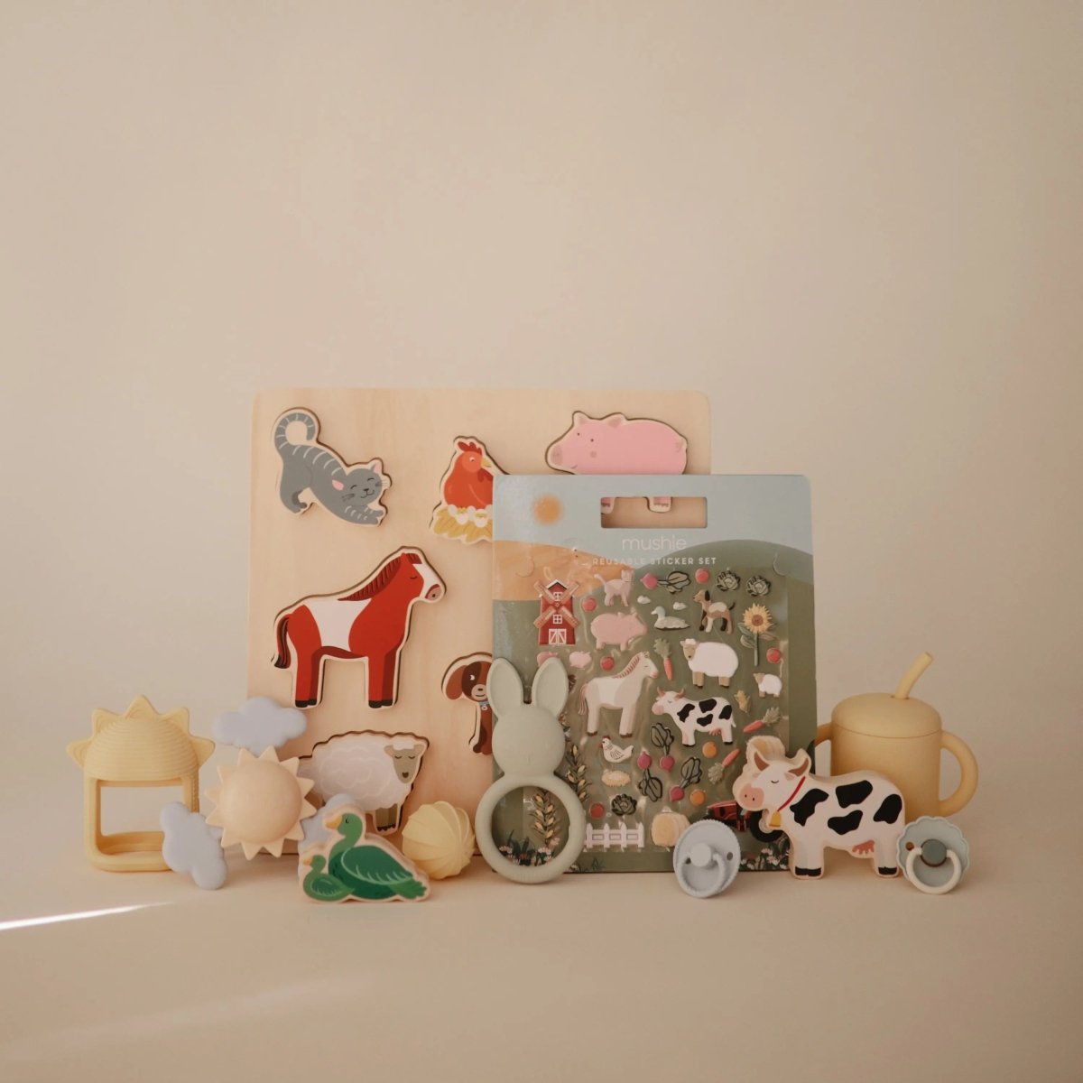 Mushie Wooden Farm Puzzle for Kids with Eight Barnyard Animal Pieces and Non - Toxic Paint - 