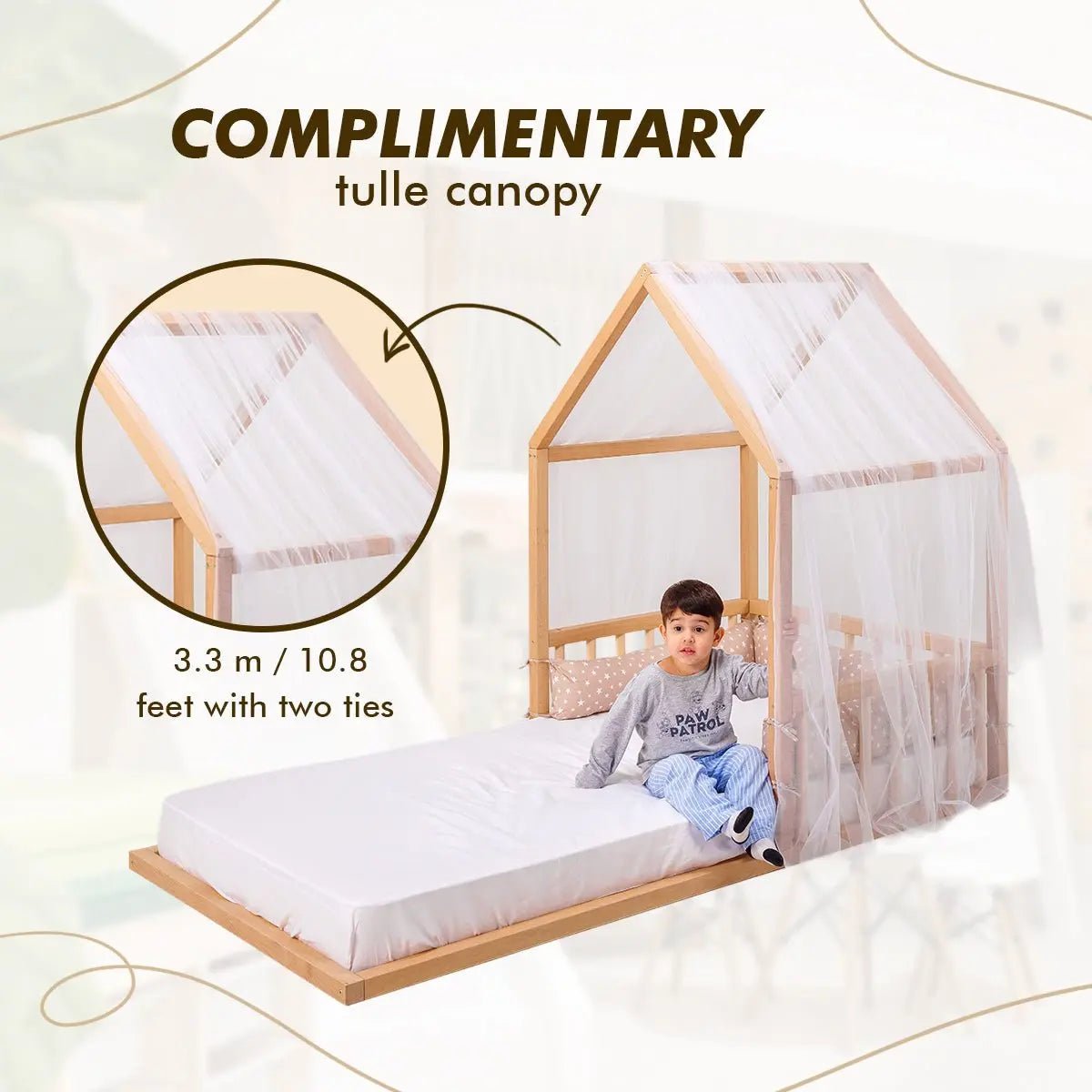 Goodevas Wooden Montessori House Floor Bed with Fence and Roof for Kids 190x90 cm - Everetts Place Boutique - 