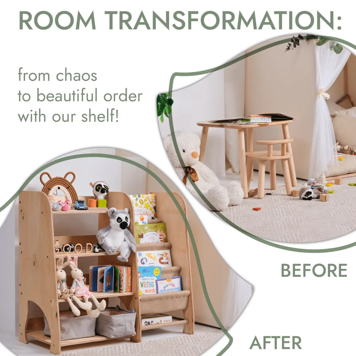 Goodevas Wooden Montessori Shelves for Toddler 2in1: Bookshelf & Toy Shelving - 